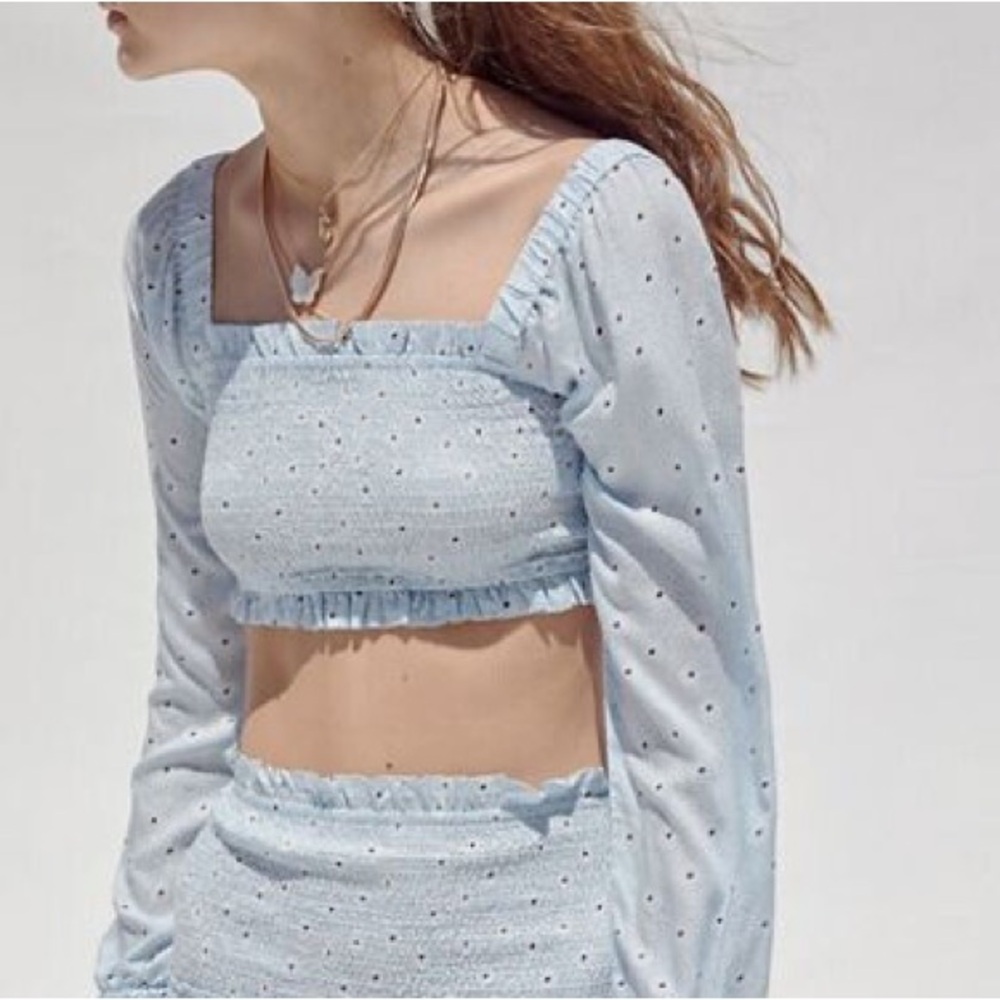 NWT Urban Outfitters Victoria Smocked Cropped Top Blue Large Cottagecore Ruffle